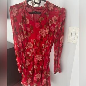 Zara Vibrant Red and Brown Floral Dress